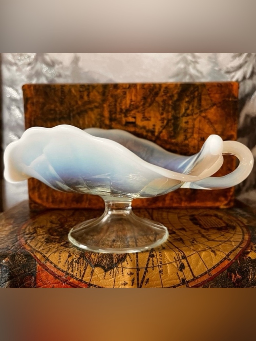 Antique Opalescent Glass Handled Nappy Dish Ruffled Pedestal Northwood Style